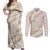 Aloha Pakalana and Puakenikeni Lei Couples Matching Off Shoulder Maxi Dress and Long Sleeve Button Shirt Beige Hawaiian Pattern
