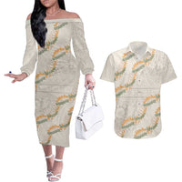 Aloha Pakalana and Puakenikeni Lei Couples Matching Off The Shoulder Long Sleeve Dress and Hawaiian Shirt Beige Hawaiian Pattern