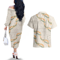 Aloha Pakalana and Puakenikeni Lei Couples Matching Off The Shoulder Long Sleeve Dress and Hawaiian Shirt Beige Hawaiian Pattern