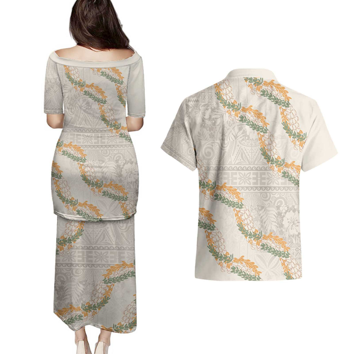 Aloha Pakalana and Puakenikeni Lei Couples Matching Puletasi and Hawaiian Shirt Beige Hawaiian Pattern