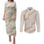 Aloha Pakalana and Puakenikeni Lei Couples Matching Puletasi and Long Sleeve Button Shirt Beige Hawaiian Pattern