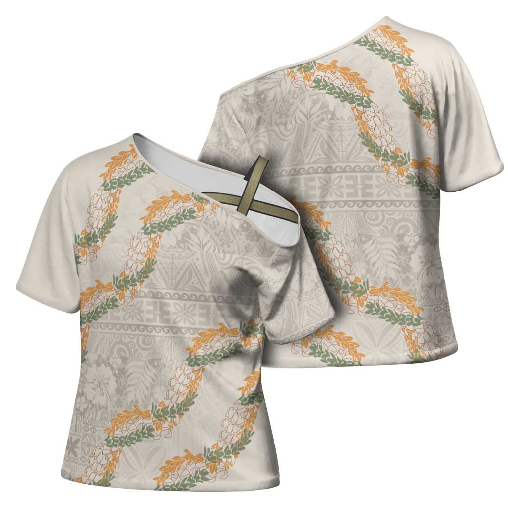 Aloha Pakalana and Puakenikeni Lei Cross Shoulder Shirt Beige Hawaiian Pattern - Polynesian Pride