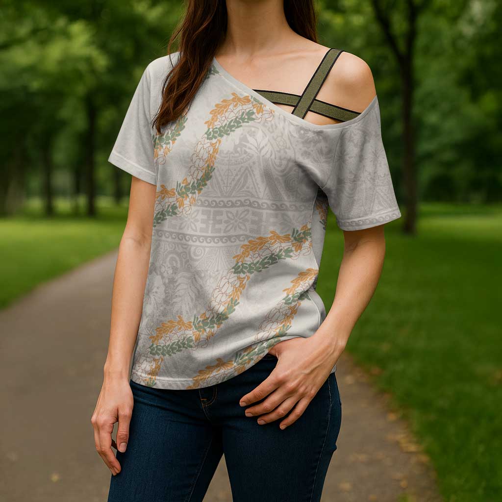 Aloha Pakalana and Puakenikeni Lei Cross Shoulder Shirt Beige Hawaiian Pattern - Polynesian Pride