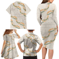 Aloha Pakalana and Puakenikeni Lei Family Matching Long Sleeve Bodycon Dress and Hawaiian Shirt Beige Hawaiian Pattern