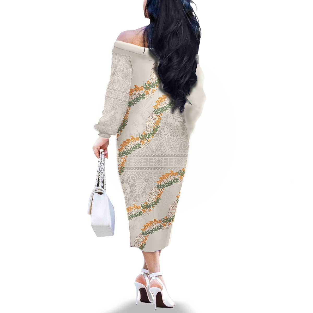 Aloha Pakalana and Puakenikeni Lei Family Matching Off The Shoulder Long Sleeve Dress and Hawaiian Shirt Beige Hawaiian Pattern