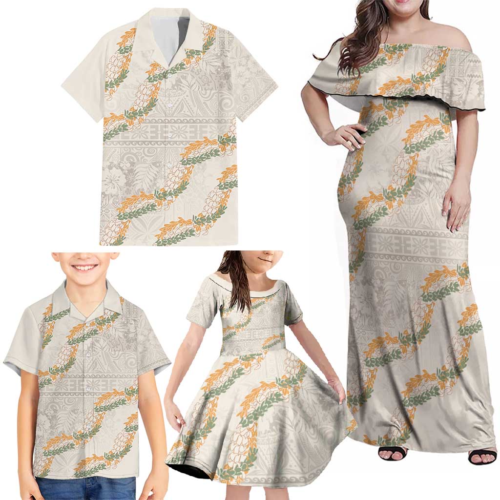 Aloha Pakalana and Puakenikeni Lei Family Matching Off Shoulder Maxi Dress and Hawaiian Shirt Beige Hawaiian Pattern