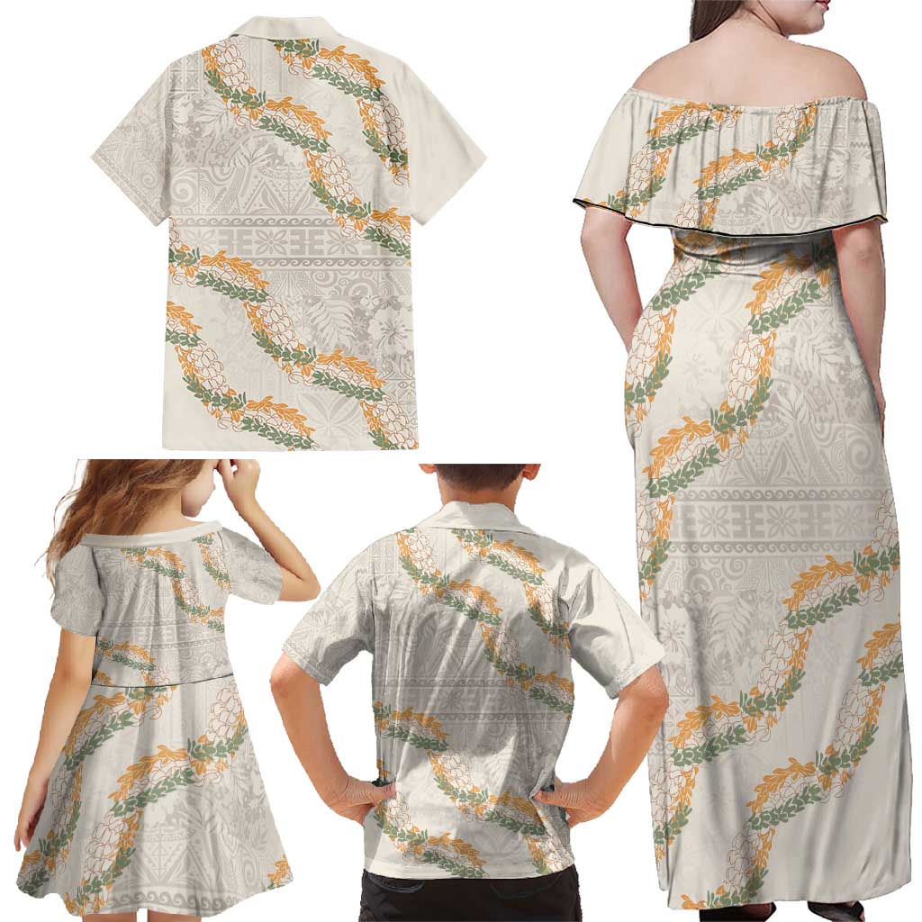 Aloha Pakalana and Puakenikeni Lei Family Matching Off Shoulder Maxi Dress and Hawaiian Shirt Beige Hawaiian Pattern