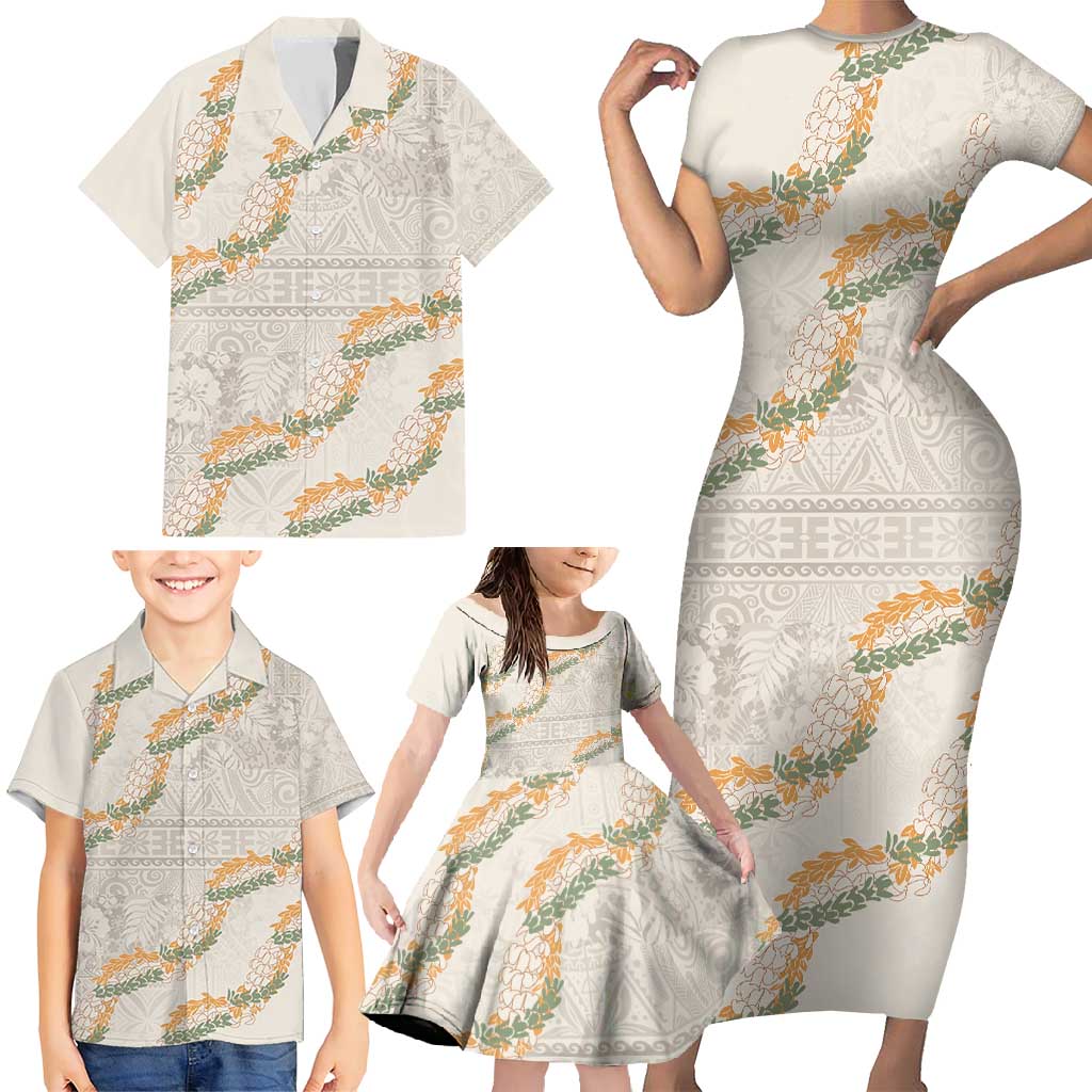 Aloha Pakalana and Puakenikeni Lei Family Matching Short Sleeve Bodycon Dress and Hawaiian Shirt Beige Hawaiian Pattern