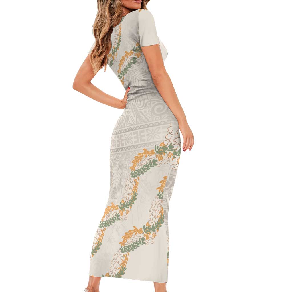 Aloha Pakalana and Puakenikeni Lei Family Matching Short Sleeve Bodycon Dress and Hawaiian Shirt Beige Hawaiian Pattern