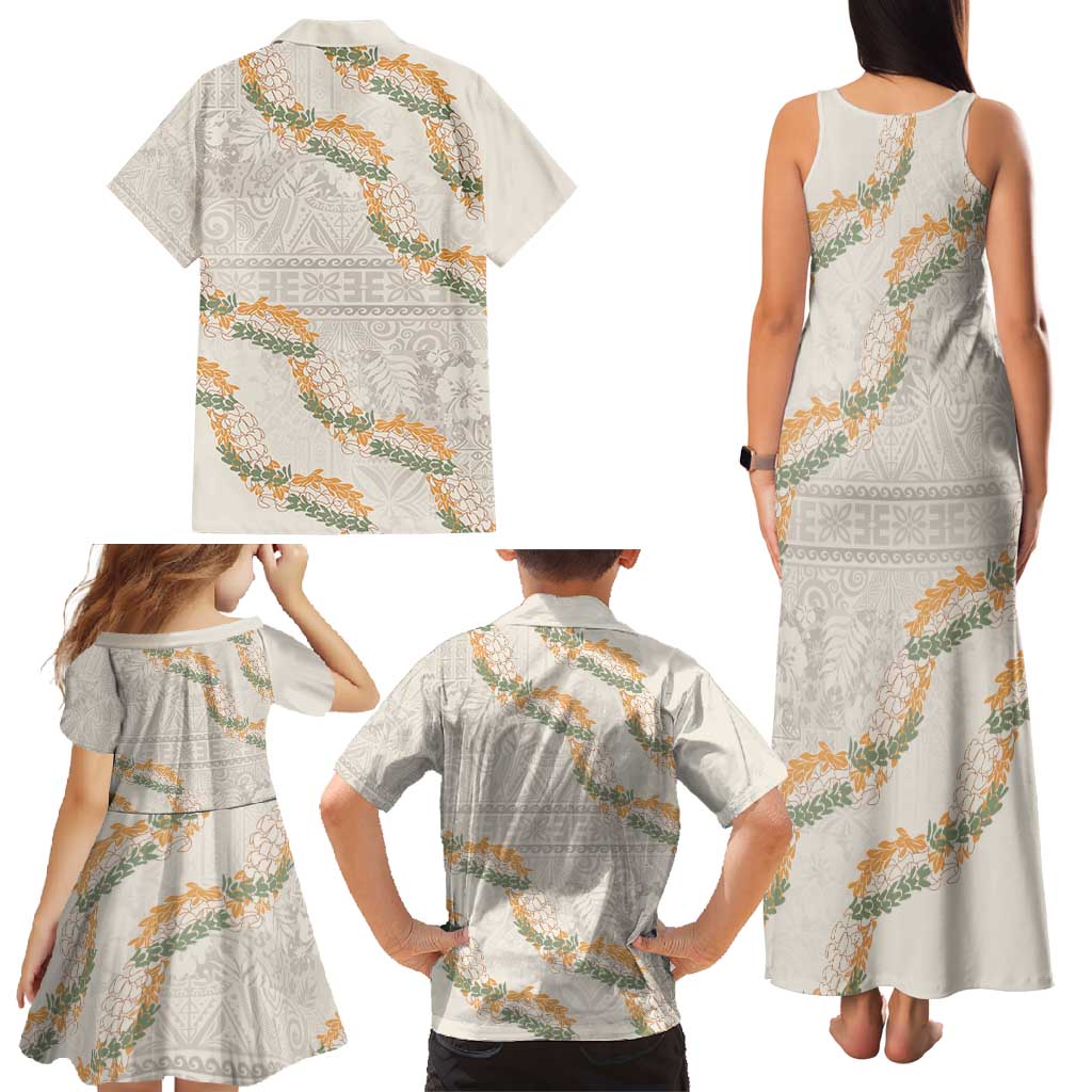 Aloha Pakalana and Puakenikeni Lei Family Matching Tank Maxi Dress and Hawaiian Shirt Beige Hawaiian Pattern