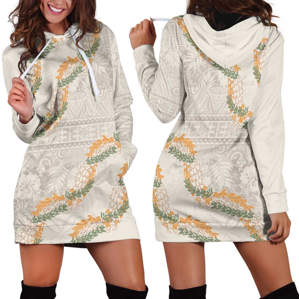 Aloha Pakalana and Puakenikeni Lei Hoodie Dress Beige Hawaiian Pattern