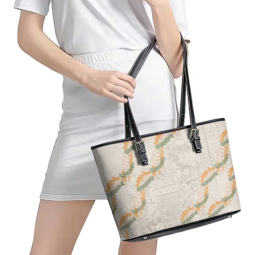 Aloha Pakalana and Puakenikeni Lei Leather Tote Bag Beige Hawaiian Pattern