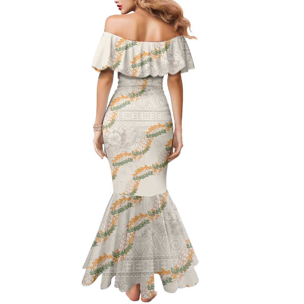 Aloha Pakalana and Puakenikeni Lei Mermaid Dress Beige Hawaiian Pattern