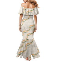 Aloha Pakalana and Puakenikeni Lei Mermaid Dress Beige Hawaiian Pattern