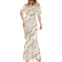 Aloha Pakalana and Puakenikeni Lei Mermaid Dress Beige Hawaiian Pattern
