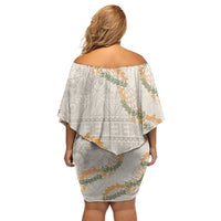 Aloha Pakalana and Puakenikeni Lei Off Shoulder Short Dress Beige Hawaiian Pattern