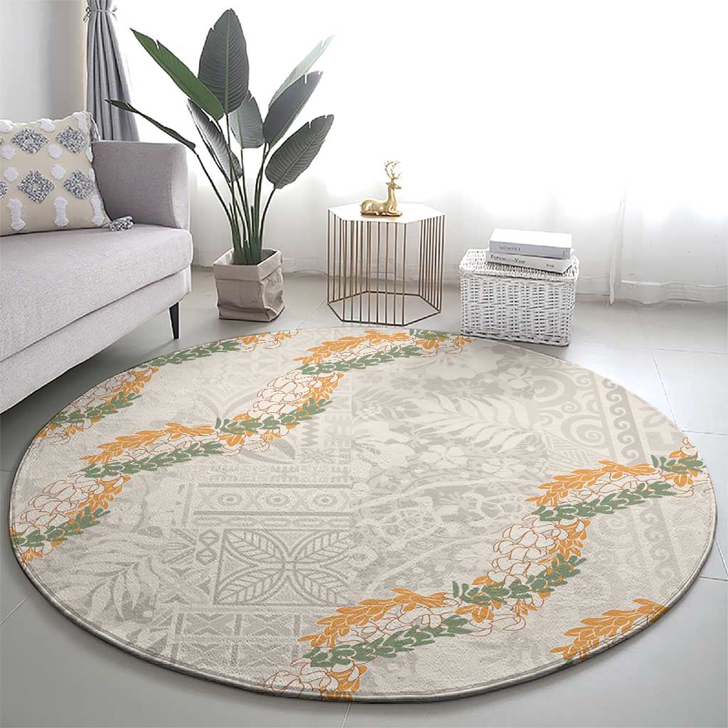 Aloha Pakalana and Puakenikeni Lei Round Carpet Beige Hawaiian Pattern