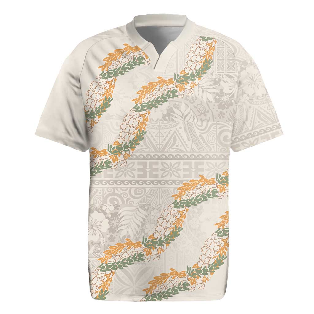 Aloha Pakalana and Puakenikeni Lei Rugby Jersey Beige Hawaiian Pattern