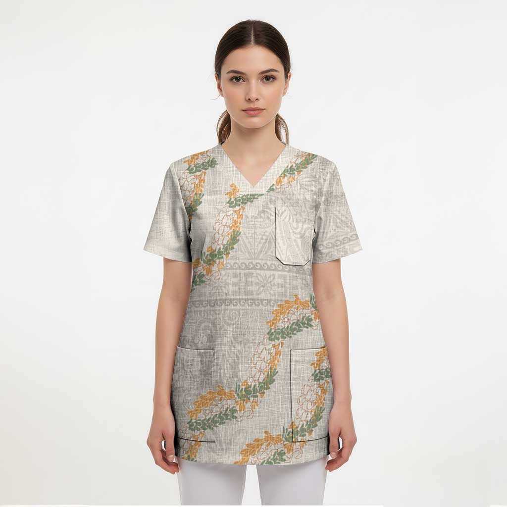 Aloha Pakalana and Puakenikeni Lei Scrub Top Beige Hawaiian Pattern - Polynesian Pride