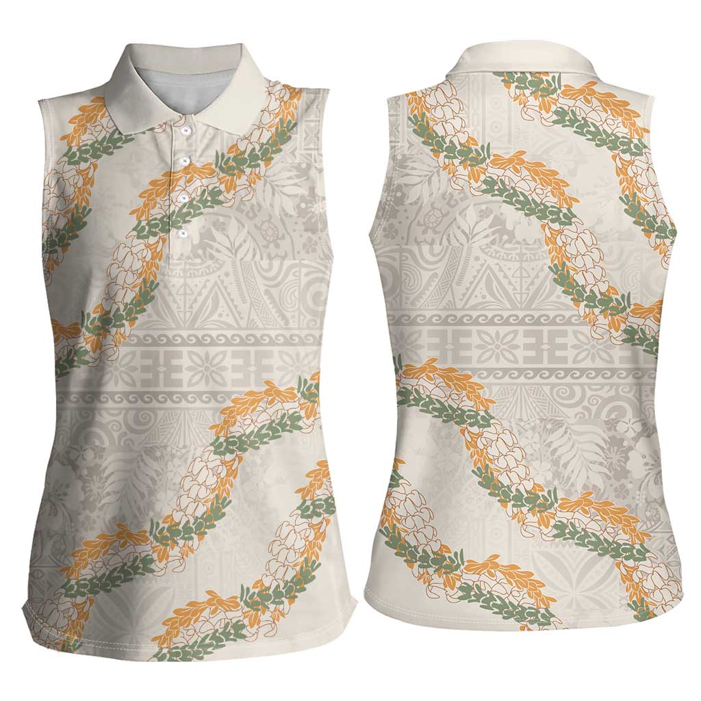 Aloha Pakalana and Puakenikeni Lei Women Sleeveless Polo Shirt Beige Hawaiian Pattern