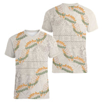Aloha Pakalana and Puakenikeni Lei Women V-Neck T-Shirt Beige Hawaiian Pattern