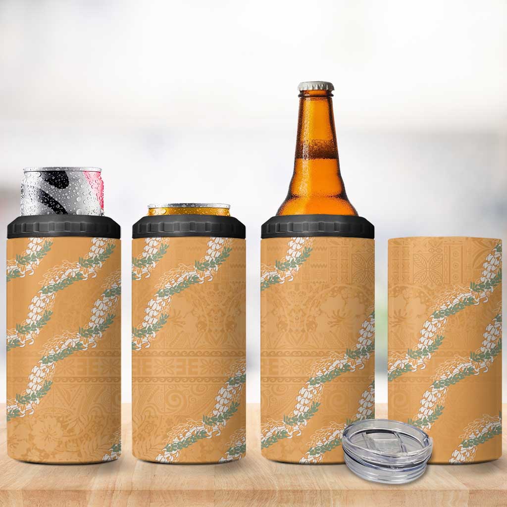 Aloha Pakalana and Puakenikeni Lei 4 in 1 Can Cooler Tumbler Gold Hawaiian Pattern