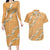 Aloha Pakalana and Puakenikeni Lei Couples Matching Long Sleeve Bodycon Dress and Hawaiian Shirt Gold Hawaiian Pattern