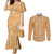 Aloha Pakalana and Puakenikeni Lei Couples Matching Mermaid Dress and Long Sleeve Button Shirt Gold Hawaiian Pattern