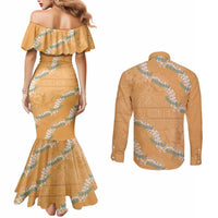 Aloha Pakalana and Puakenikeni Lei Couples Matching Mermaid Dress and Long Sleeve Button Shirt Gold Hawaiian Pattern