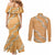Aloha Pakalana and Puakenikeni Lei Couples Matching Mermaid Dress and Long Sleeve Button Shirt Gold Hawaiian Pattern