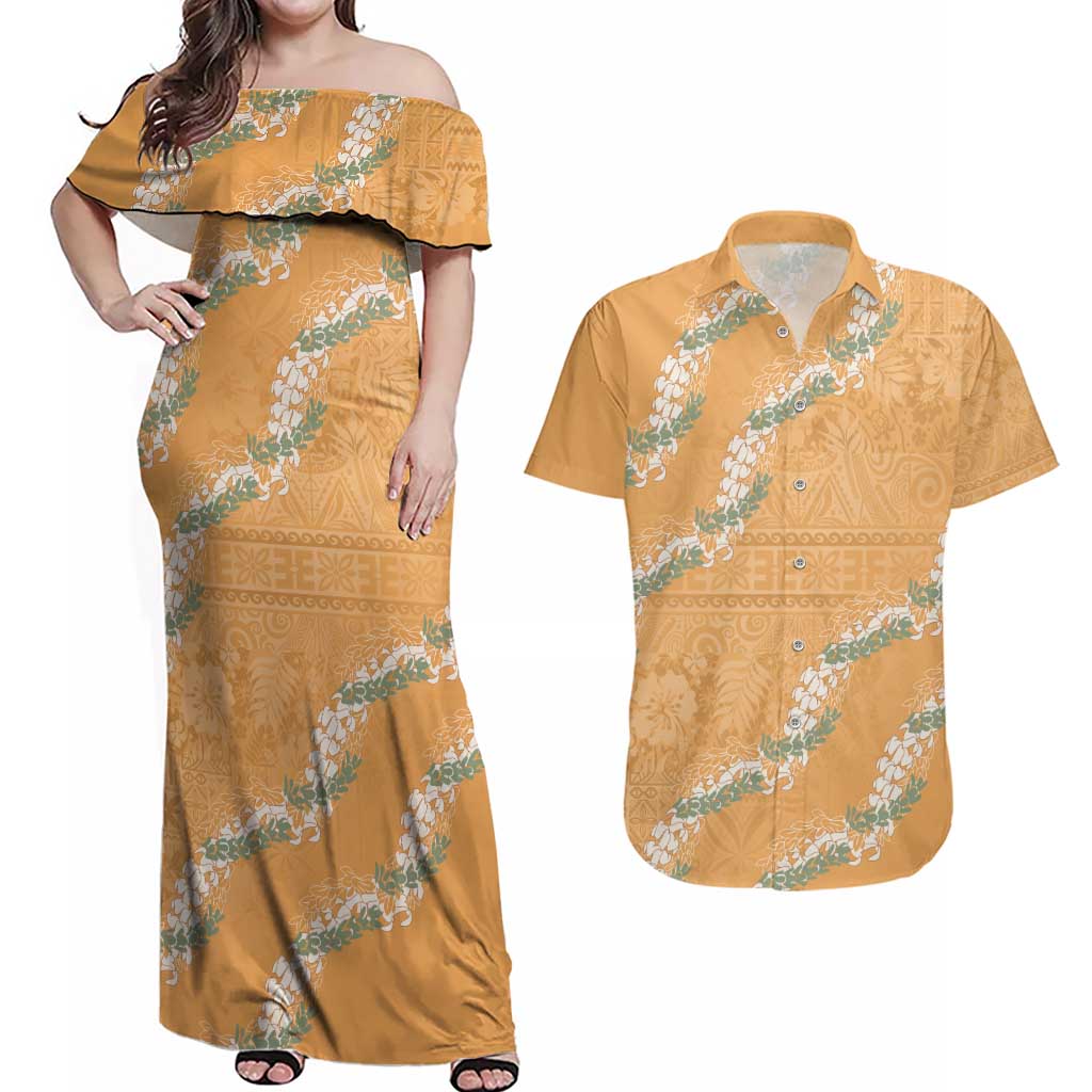 Aloha Pakalana and Puakenikeni Lei Couples Matching Off Shoulder Maxi Dress and Hawaiian Shirt Gold Hawaiian Pattern LT9 Gold - Polynesian Pride