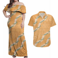Aloha Pakalana and Puakenikeni Lei Couples Matching Off Shoulder Maxi Dress and Hawaiian Shirt Gold Hawaiian Pattern LT9 Gold - Polynesian Pride