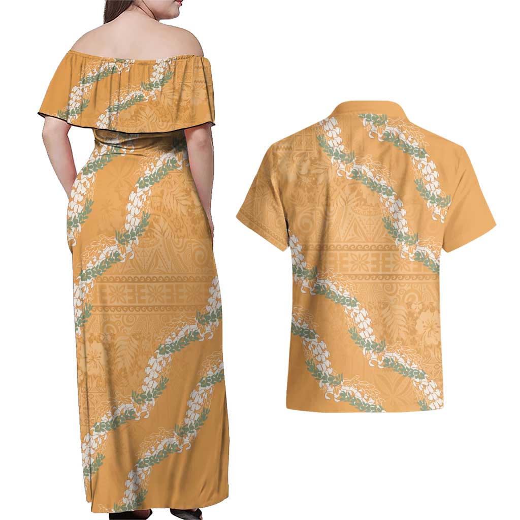 Aloha Pakalana and Puakenikeni Lei Couples Matching Off Shoulder Maxi Dress and Hawaiian Shirt Gold Hawaiian Pattern LT9 - Polynesian Pride