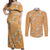 Aloha Pakalana and Puakenikeni Lei Couples Matching Off Shoulder Maxi Dress and Long Sleeve Button Shirt Gold Hawaiian Pattern