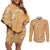 Aloha Pakalana and Puakenikeni Lei Couples Matching Off Shoulder Short Dress and Long Sleeve Button Shirt Gold Hawaiian Pattern