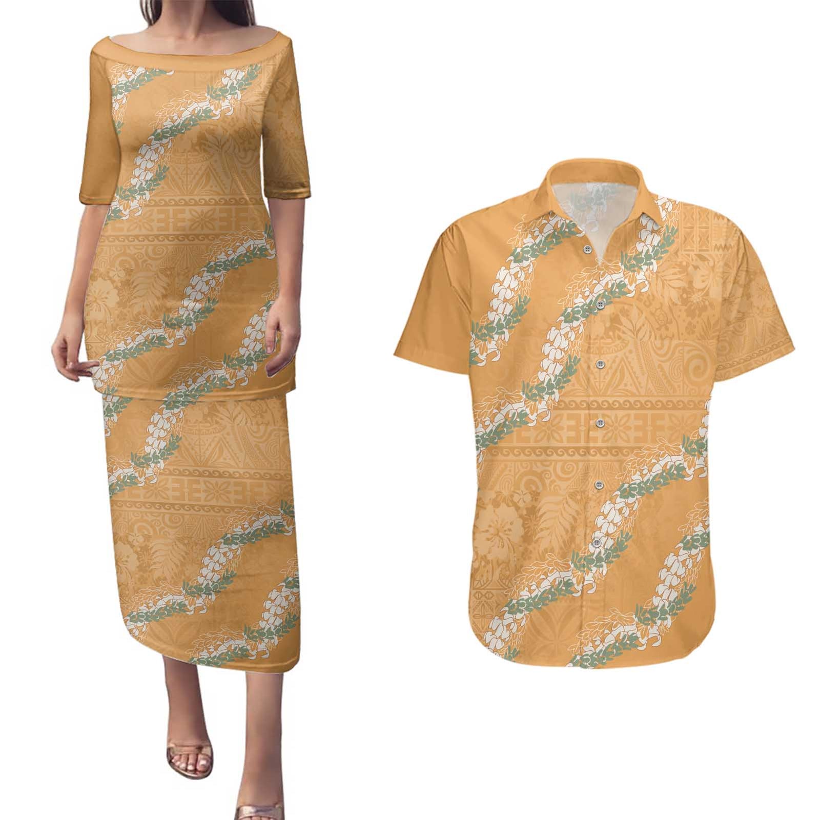 Aloha Pakalana and Puakenikeni Lei Couples Matching Puletasi and Hawaiian Shirt Gold Hawaiian Pattern