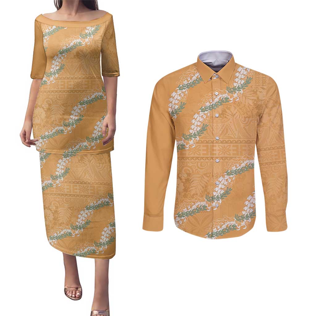 Aloha Pakalana and Puakenikeni Lei Couples Matching Puletasi and Long Sleeve Button Shirt Gold Hawaiian Pattern LT9 Gold - Polynesian Pride