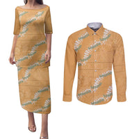 Aloha Pakalana and Puakenikeni Lei Couples Matching Puletasi and Long Sleeve Button Shirt Gold Hawaiian Pattern LT9 Gold - Polynesian Pride