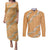 Aloha Pakalana and Puakenikeni Lei Couples Matching Puletasi and Long Sleeve Button Shirt Gold Hawaiian Pattern