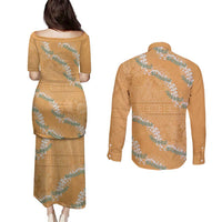 Aloha Pakalana and Puakenikeni Lei Couples Matching Puletasi and Long Sleeve Button Shirt Gold Hawaiian Pattern LT9 - Polynesian Pride