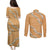 Aloha Pakalana and Puakenikeni Lei Couples Matching Puletasi and Long Sleeve Button Shirt Gold Hawaiian Pattern