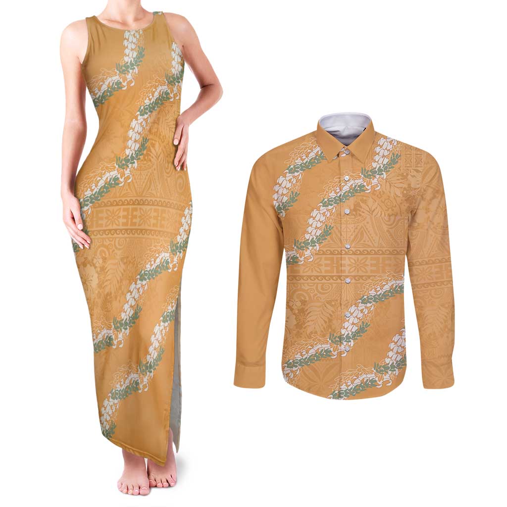 Aloha Pakalana and Puakenikeni Lei Couples Matching Tank Maxi Dress and Long Sleeve Button Shirt Gold Hawaiian Pattern
