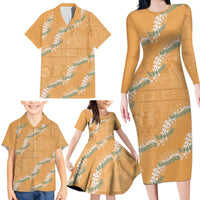 Aloha Pakalana and Puakenikeni Lei Family Matching Long Sleeve Bodycon Dress and Hawaiian Shirt Gold Hawaiian Pattern