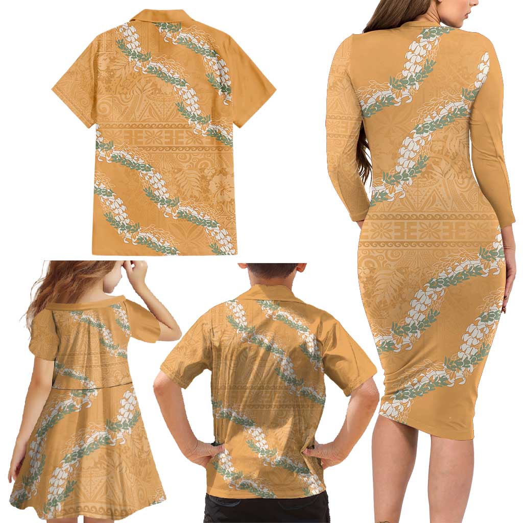 Aloha Pakalana and Puakenikeni Lei Family Matching Long Sleeve Bodycon Dress and Hawaiian Shirt Gold Hawaiian Pattern
