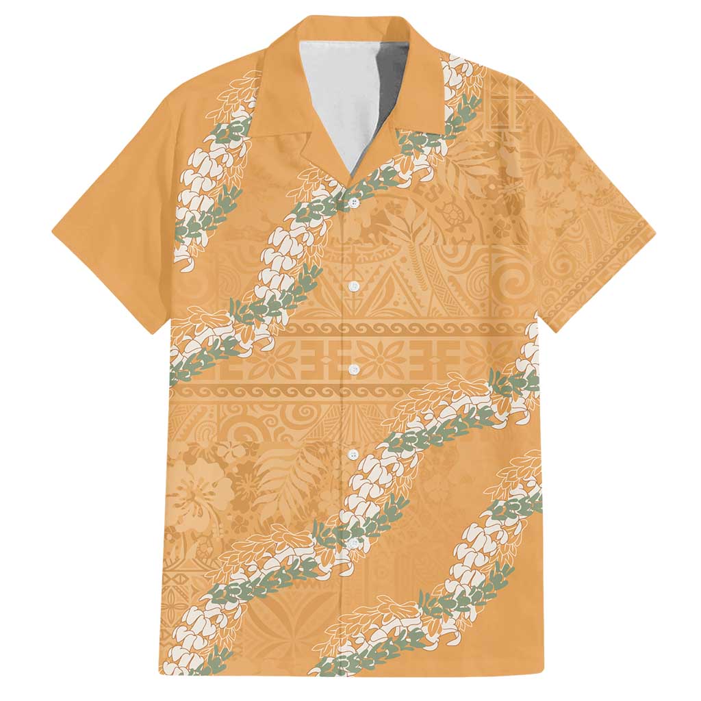 Aloha Pakalana and Puakenikeni Lei Family Matching Long Sleeve Bodycon Dress and Hawaiian Shirt Gold Hawaiian Pattern