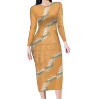 Aloha Pakalana and Puakenikeni Lei Family Matching Long Sleeve Bodycon Dress and Hawaiian Shirt Gold Hawaiian Pattern