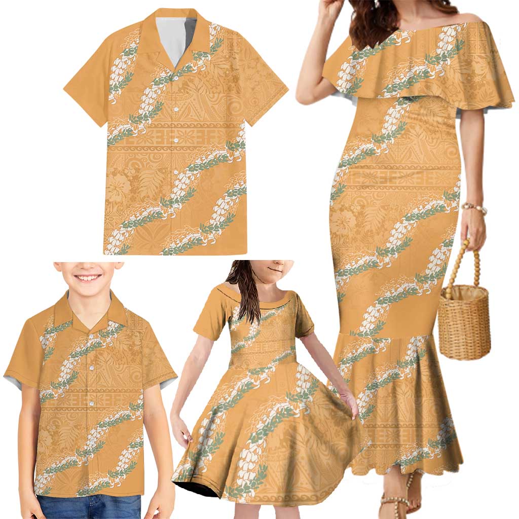 Aloha Pakalana and Puakenikeni Lei Family Matching Mermaid Dress and Hawaiian Shirt Gold Hawaiian Pattern
