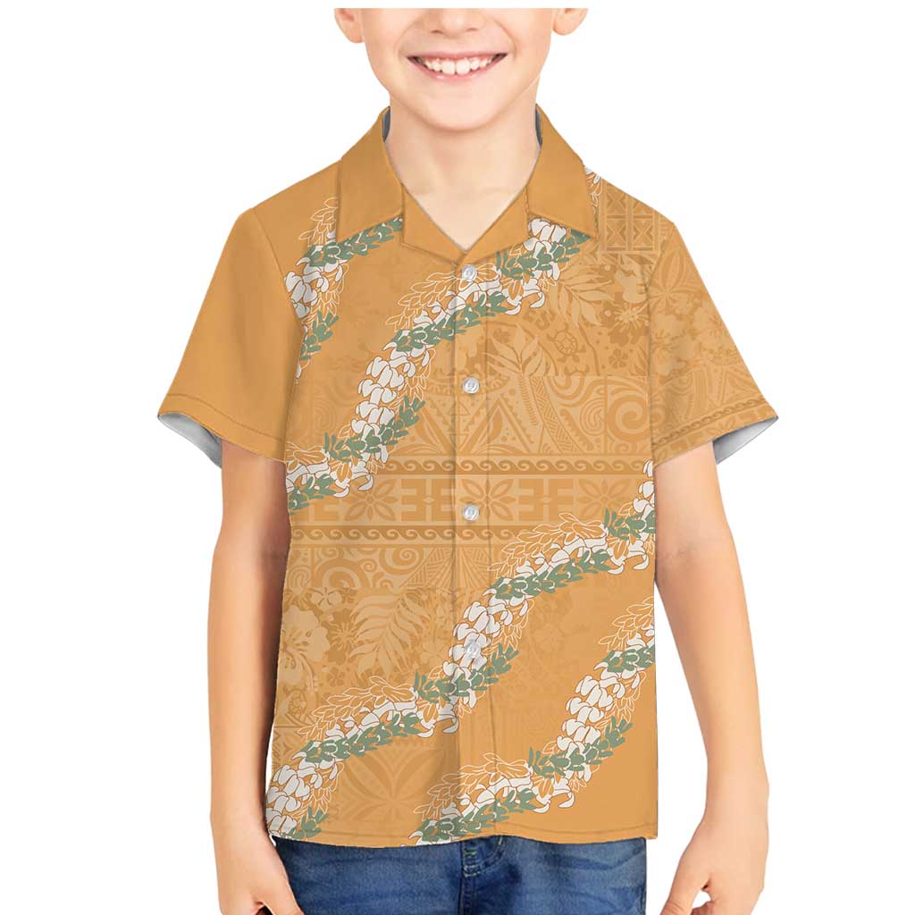 Aloha Pakalana and Puakenikeni Lei Family Matching Mermaid Dress and Hawaiian Shirt Gold Hawaiian Pattern