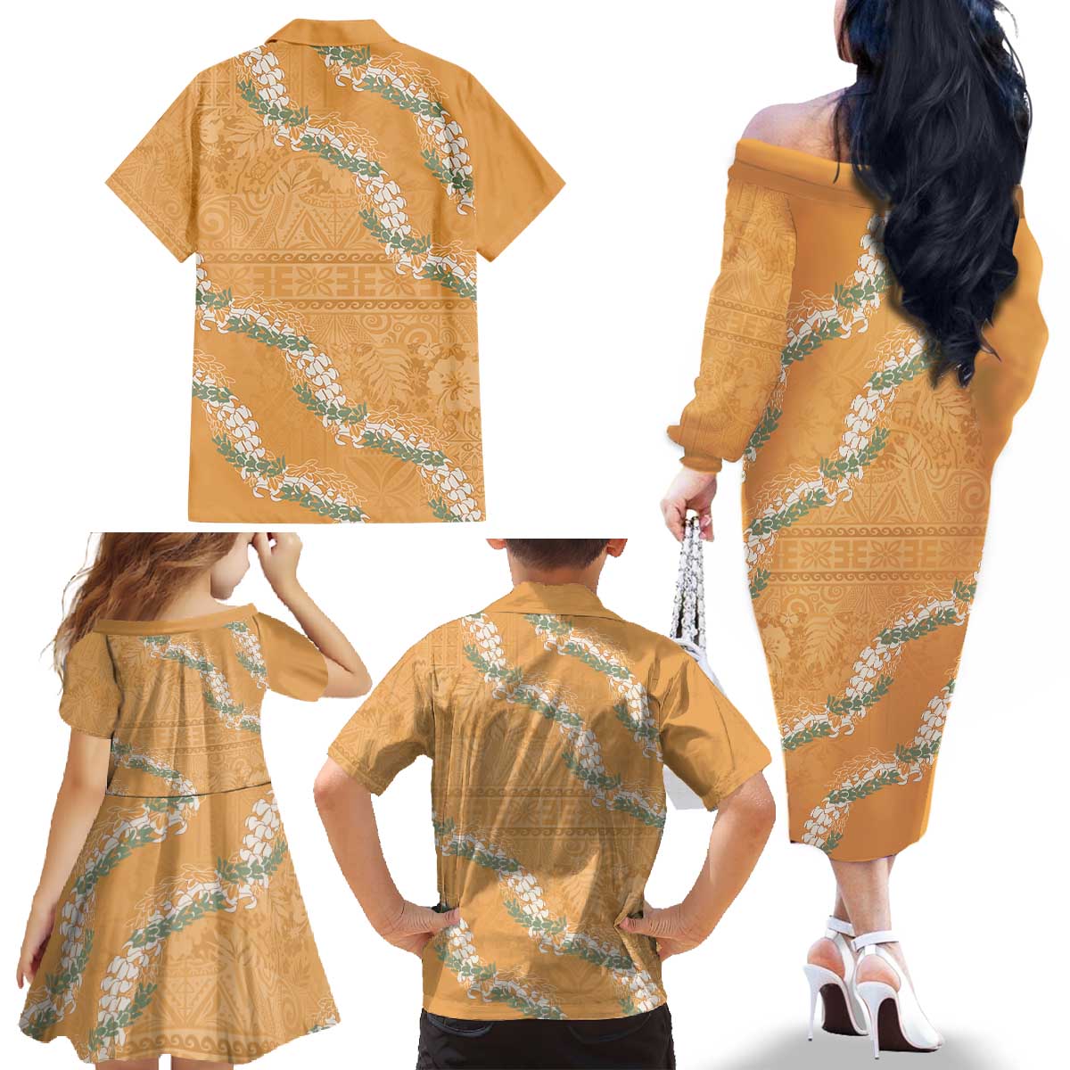 Aloha Pakalana and Puakenikeni Lei Family Matching Off The Shoulder Long Sleeve Dress and Hawaiian Shirt Gold Hawaiian Pattern