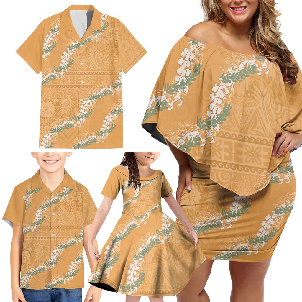 Aloha Pakalana and Puakenikeni Lei Family Matching Off Shoulder Short Dress and Hawaiian Shirt Gold Hawaiian Pattern